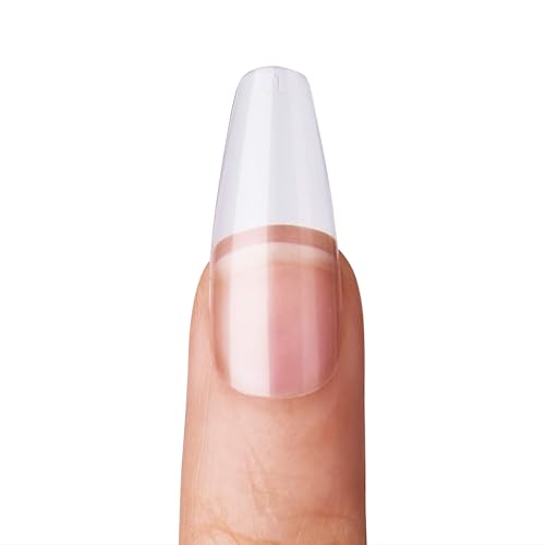 KISS Salon Acrylic Natural Nails, Clear Tip, Long, Ultra-Smooth Finish, DIY At-Home Manicure Kit with Pink Gel Nail Glue, Mini File, Manicure Stick, and 28 Nails in 14 sizes