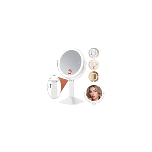 Lighted Makeup Mirror with Lights, 30X Magnification, Rechargeable Battery, Dimmable 3-Color Lights, Height Adjustable - White