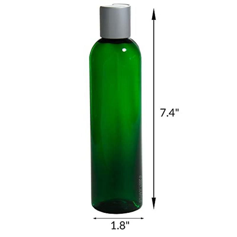 JUVITUS (6 pack) 8 oz Green Plastic PET Slim Bottles with Silver and White Disc Cap