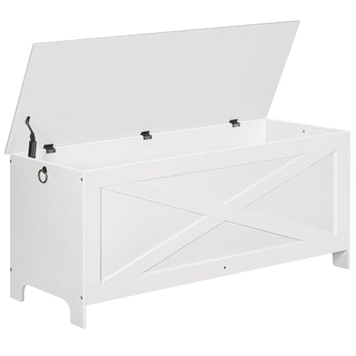 White Storage Chest Bench with Lid, Safety Hinges, 47.2 Inch