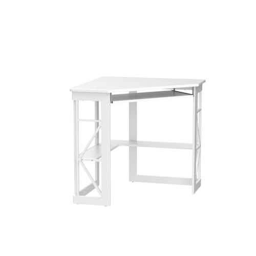 White Corner Desk with Keyboard Tray & Storage Shelves - Compact Triangle Office Table