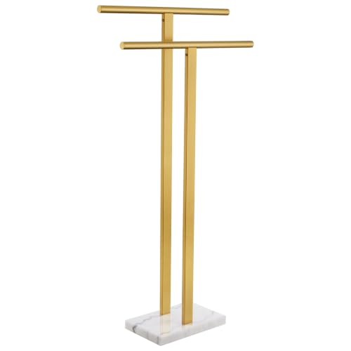 Brushed Gold Standing Towel Rack with Marble Base - 2-Tier Bathroom Towel Holder
