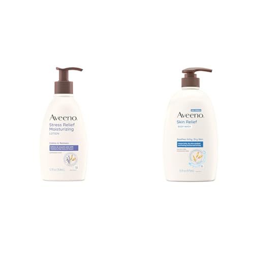Aveeno Daily Stress Relief Lavender Body Lotion and Fragrance-Free Body Wash Bundle for Sensitive Skin, 12 fl oz and 33 fl oz