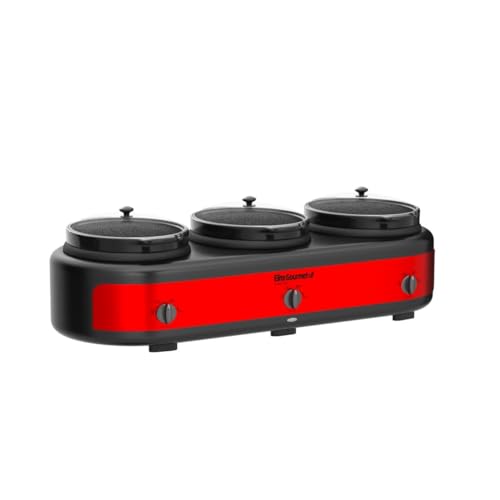 Elite Gourmet Triple Slow Cooker Buffet Set - 3 x 2.5 Qt Red with Removable Stoneware