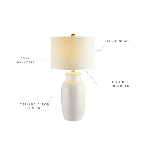 Modern Ivory Ceramic Table Lamp - 27.5 Inch Bedside Light with Fabric Shade