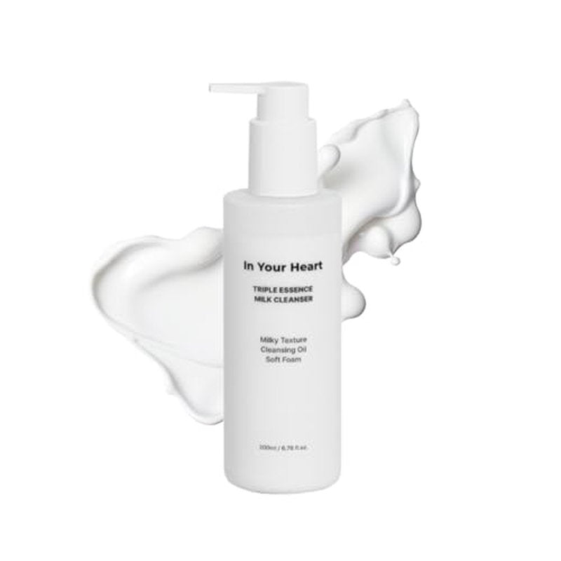 In Your Heart Triple Essence Milk Cleanser ? 3-in-1 Milky to Oil to Foam Cleanser & Makeup Remover | Hyaluronic Acid, Galactomyces, Chamomile | Korean Skincare, 200ml / 6.76 fl oz