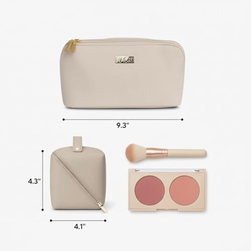 NAORI Travel Makeup Bag for Women | Large Luxury Cosmetic Organizer with Handle & Inner Pockets | Waterproof Faux Leather Toiletry Bag | Makeup Case for Home, Travel & Gifting (Creamy Beige)