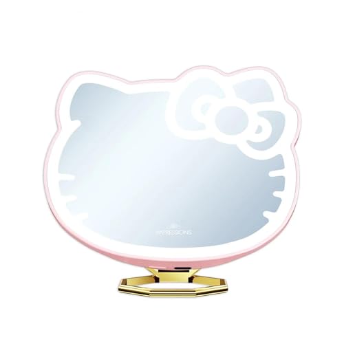 Impressions Vanity Hello Kitty 3X Magnifying Pocket Mirror with Stand, Adjustable Brightness Daylight LED Lighted Compact Makeup Mirror for Desk, Travel, Purse (Pink)
