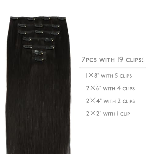 Clip in Hair Extensions Human Hair 18 Inch 120g Natural Black - 7pcs, Seamless & Tangle-Free