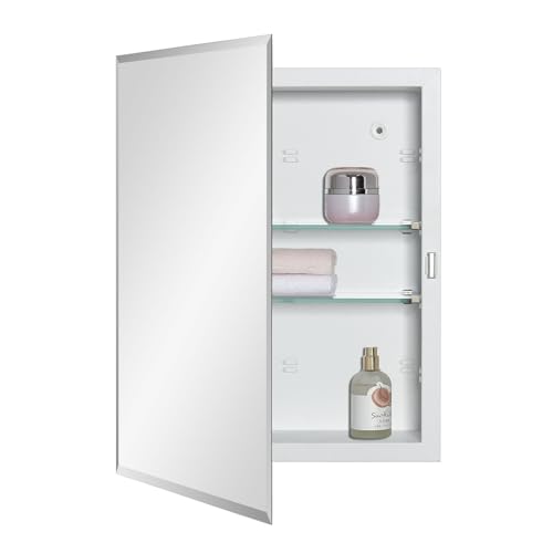 Matt White Bathroom Medicine Cabinet 14x18 Inch Beveled Edge Mirror Recessed or Surface Mount with Adjustable Shelves
