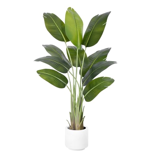 Artificial Bird of Paradise Tree 5ft Tall Fake Tropical Plant with White Pot - Indoor Decor