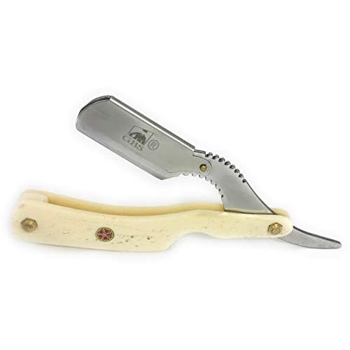 G.B.S Classic Straight Edge Long Scales Folding Razor, Barber Shavette Leather Case 10 Blades, Ivory Horn