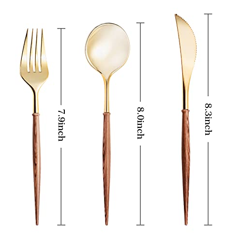 Gold Plastic Cutlery Set with Wooden Grain Handles - 240pcs - Elegant Disposable Utensils