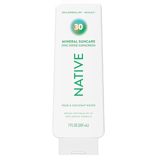 Native Sunscreen Lotion Pear & Coconut Water SPF 30, 100% Mineral SPF for Face & Body Broad Spectrum UVA UVB for Men & Women, Suitable for Sensitive Skin & Hawaii Compliant, Lightweight, 7oz