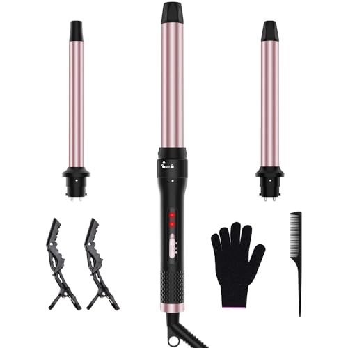 Karrong 3-in-1 Curling Iron Set with 0.75-1.25 Inch Interchangeable Ceramic Wands for Beach Waves & Curls - Fast Heating, Dual Voltage, Heat-Resistant Glove & Clips