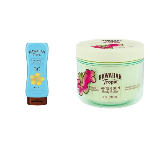 Hawaiian Tropic Everyday Active Lotion Sunscreen SPF 50, 8oz & After Sun Body Butter with Coconut Oil, 8oz | After Sun Lotion, Moisturizing Body Lotion, After Sun Moisturizer
