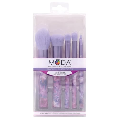 MODA Tie Dye, 5pc Full Face Makeup Brush Set, Includes - Blush, Complexion, Shadow, Crease, & Liner Brushes, Peaceful Purple