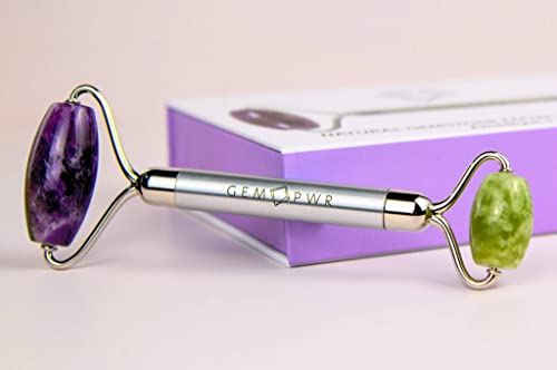 Amethyst + Jade Roller for Face and Neck Massage - Dual Gemstones, Travel Bag
