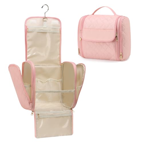 Women Makeup Bag with Hanging Hook, Large Portable Capacity Travel Hanging Toiletry Bag Organizer Case for Toiletries and Cosmetics, Pink