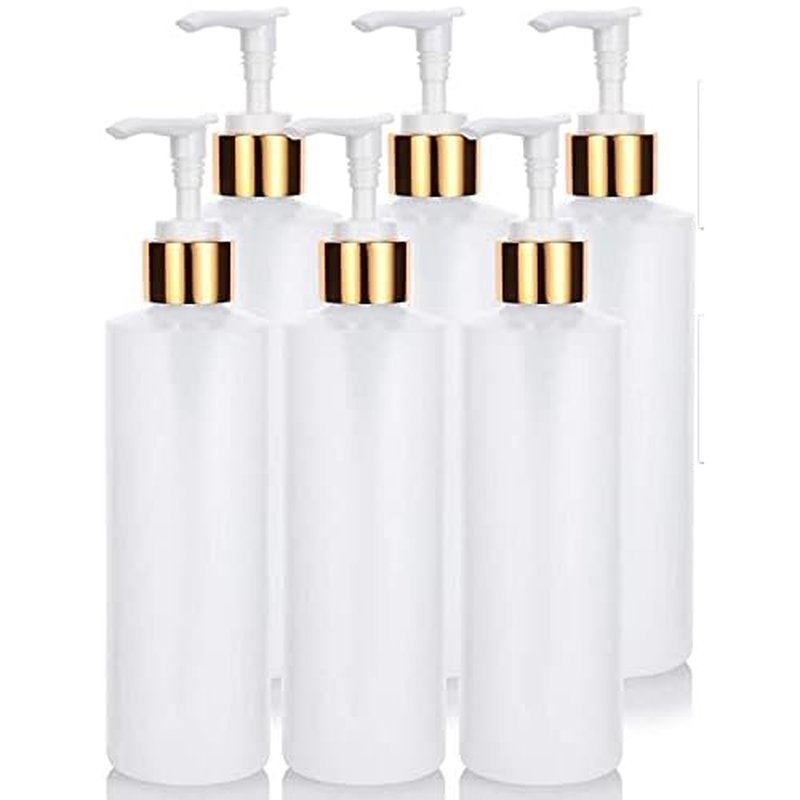 8 oz Clear Natural Refillable Plastic Squeeze Bottle with Gold Lotion Pump Dispenser (6 Pack)