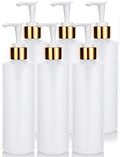 JUVITUS 8 oz Clear Refillable Plastic Squeeze Bottle with Gold Lotion Pump - 6 Pack