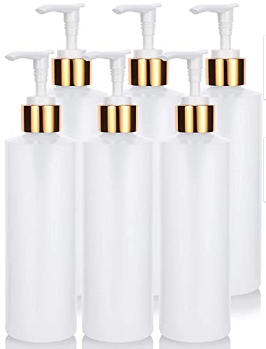 JUVITUS 8 oz Clear Refillable Plastic Squeeze Bottle with Gold Lotion Pump - 6 Pack