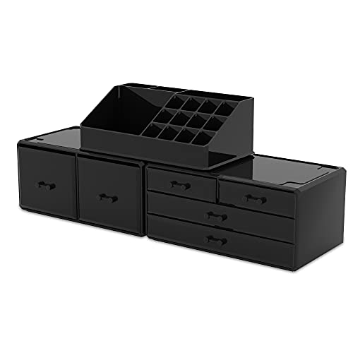 Makeup Organizer 3 Pieces with 6 Drawers - Black, 3 Layer Cosmetic Storage