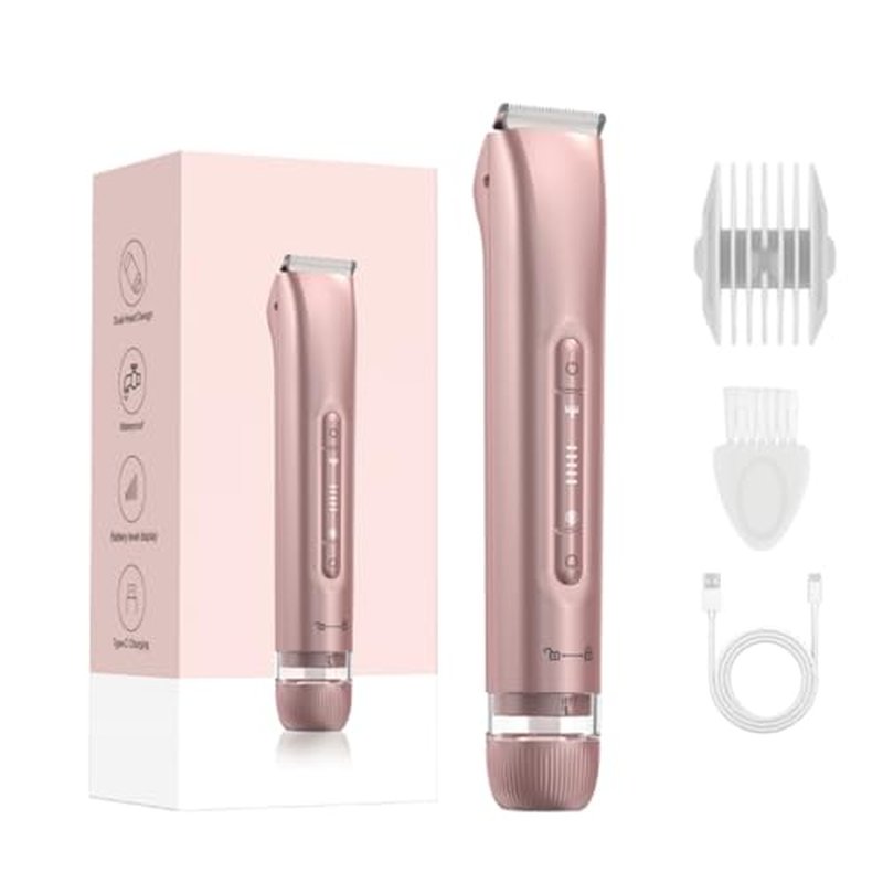 Bikini Trimmer for Women 2 IN 1 Electric Razors IPX7 Waterproof Wet & Dry Use Womens Electric Razor Dual Head Shaver for Bikini Underarm Leg Arm Body Face, Pink