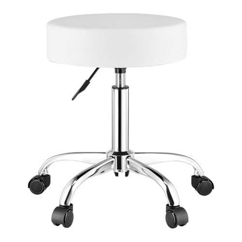 VEVOR Rolling Stool with Wheels, 450 LBS Weight Capacity Round Rolling Stool Chair, Height Adjustable Thickened PU Leather Swivel Stool for Salon, Spa, Massage, Tattoo, Clinic, White