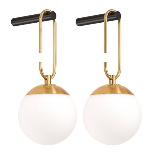 Battery Operated Wall Sconces Set of 2 Black & Gold Hanging Opal Glass - MSTETO
