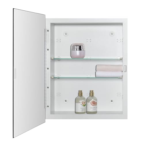 Matt White Bathroom Medicine Cabinet 14x18 Inch Beveled Edge Mirror Recessed or Surface Mount with Adjustable Shelves