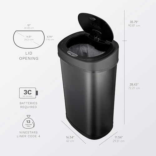 13 Gallon Motion Sensor Trash Can - Black Stainless Steel, Hands-Free Lid