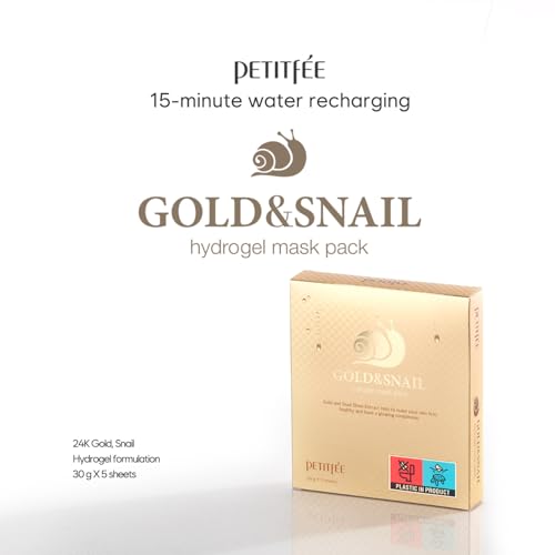 Petitfee Gold & Snail Hydogel Face Mask 5ea - 24k Gold Snail Facial Mask for Firming, Healthy Skin, Hydrating, Skin Elasticity, Snail Secretion Filtrate, Citrus Extract, Green Tea Extract