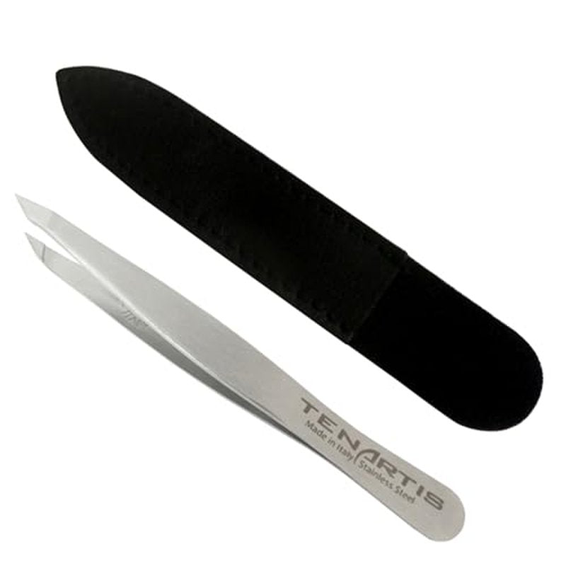 Hair Tweezers Stainless Steel with Leather Case - Tenartis Made in Italy (Slant/Pointed)