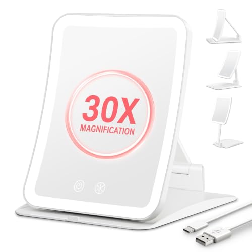 Auxmir 30X Magnifying Travel Makeup Mirror with LED Lights - Rechargeable, Compact, White