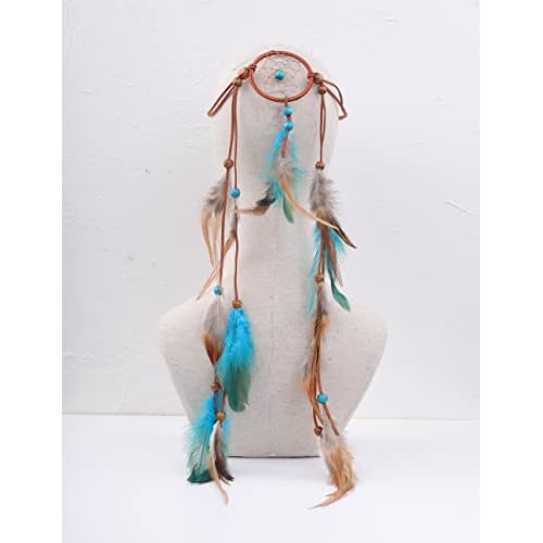 Jumwrit Bohemian Dreamcatcher Feather Headband Indian Gypsy Headpiece with Blue and Brown Feather Tassel Elastic Band Beaded Hairband Hippie Costume Accessories for Women and Girls