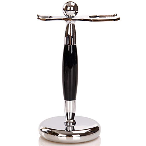 SANWA Deluxe Stainless Steel Shaving Brush & Razor Stand - Extra Wide 31mm Opening, Weighted Base, Black Handle