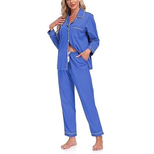 COLORFULLEAF Women's 100% Cotton Long Sleeve Pajama Sets Button Down Notched Collar Sleepwear Soft Lounge Pjs with Pockets