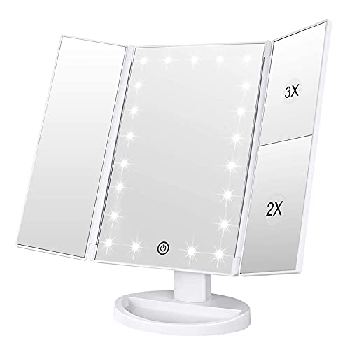 White Makeup Mirror with 21 LED Lights, 2X & 3X Magnification, Touch Control, Tri-Fold, Portable