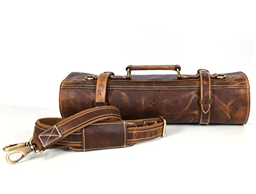 29.5x19.7 Inch Leather Knife Roll Bag - Caramel, Expandable Chef Storage Case