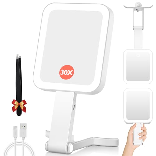 GOMIPURU Silver 30X/1X Double-Sided Travel Makeup Mirror with Lights