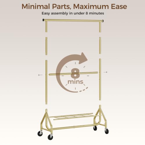 Heavy Duty Clothes Rack with Double Rod - Adjustable Freestanding Garment Organizer, Rolling Wardrobe, Gold