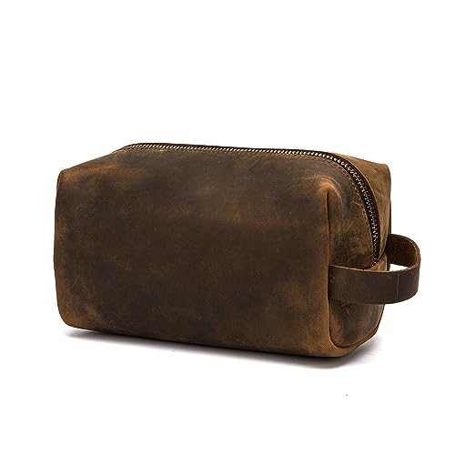 Premium Leather Unisex Toiletry Travel Pouch, Cosmetic Bag Organizer Stylish Waterproof Lining Vintage Unisex Kit, Water Resistant-Cosmetic Case DOPP Kit SD 064 (Coffee)