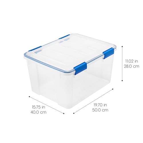 2-Pack 44 Qt Clear Blue Storage Bins with Gasket Lids - Weatherproof, Stackable, Made in USA