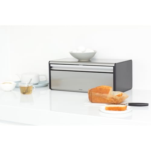 Brabantia Matte Steel Rectangular Fall Front Bread Box for Kitchen Countertop, Holds 2 Loaves