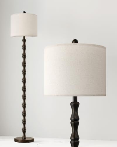FOFOMOMO 62" Dark Brown Farmhouse Floor Lamp with Linen Shade & Rotary Switch