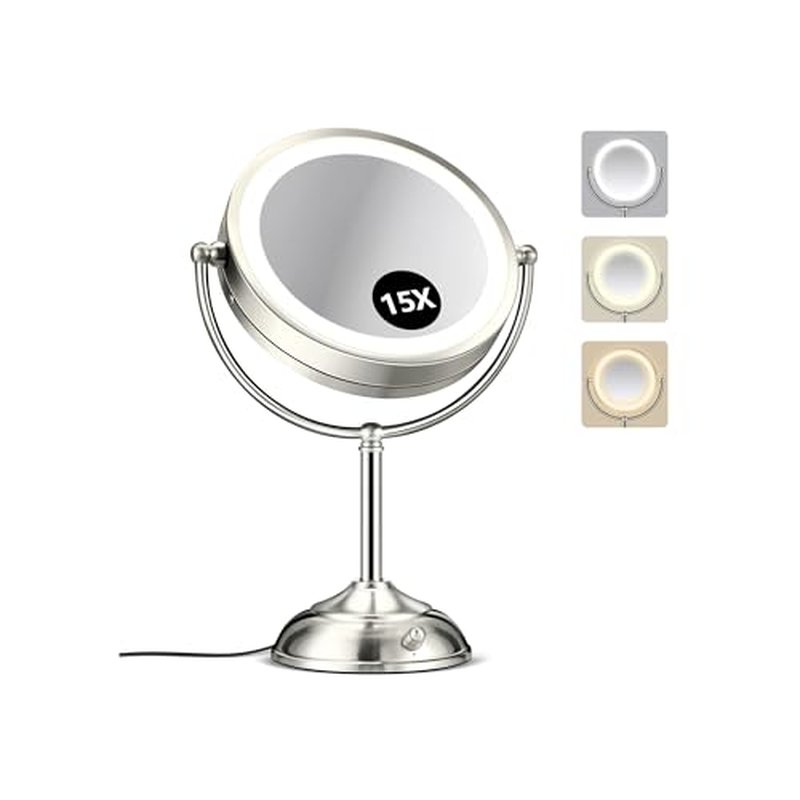 15X Magnifying Mirror with Light, Rechargeable 9" Lighted makeup mirror with magnification, 3 Color Modes, Adjustable Brightness, No Assembly Required, 360¡Æ Rotation Cosmetic Mirror, Pearl Nickel
