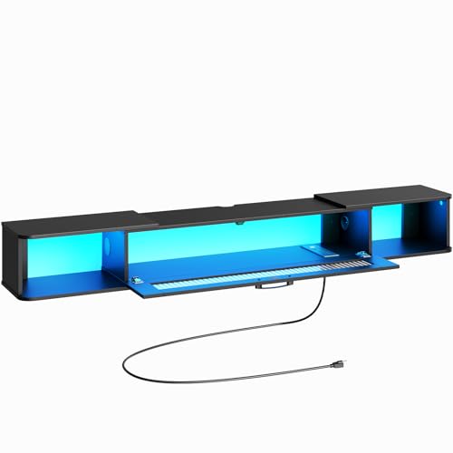 63 Inch Floating TV Stand with LED Light Wall Mount Power Outlet Black