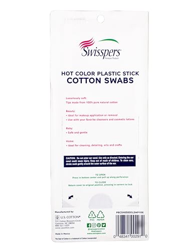 Swisspers Hot Color Cotton Swabs - 100% Cotton Tips, Vibrant Plastic Sticks, 500 Pack