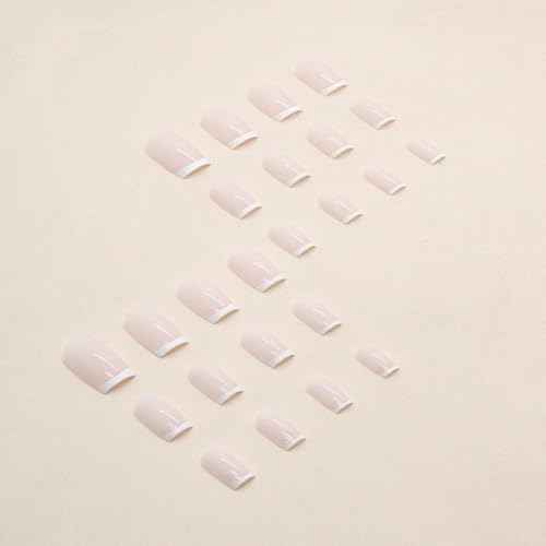 White French Tip Press on Nails Short Square Fake Nails Acrylic Nails Press ons Glossy Reusable False Nails for Women Girls Daily Wear Manicure 24pcs